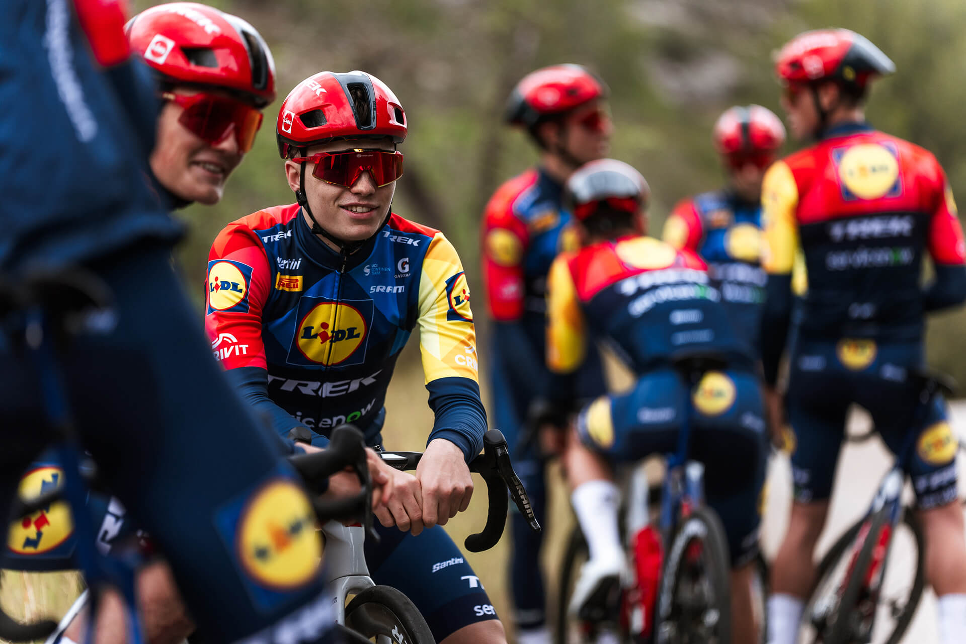 Junior cyclists racing in a group